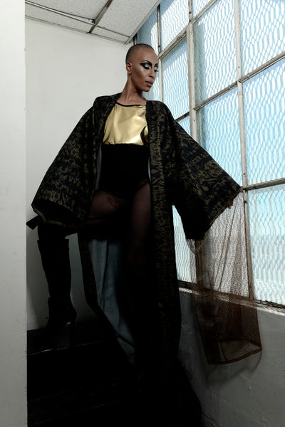 Distressed Denim Kimono with Mesh Sleeve Accent