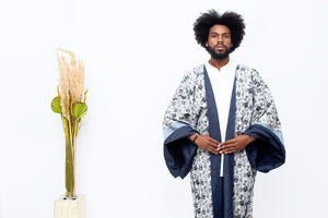 Denim/Japanese Printed Cotton Reversible Kimono